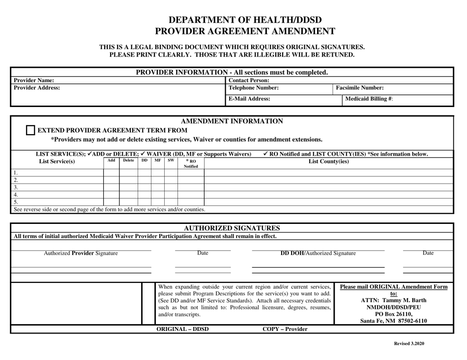 Ddw / Mfw / SW Provider Agreement Amendment Form - New Mexico, Page 1