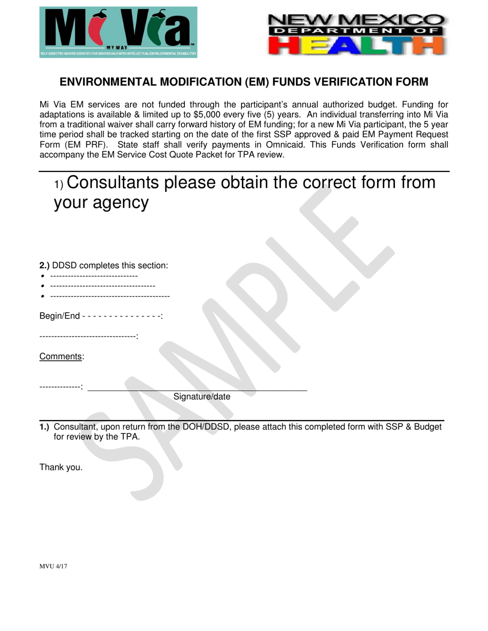 Environmental Modification (Em) Funds Verification Form - Sample - New Mexico, Page 1
