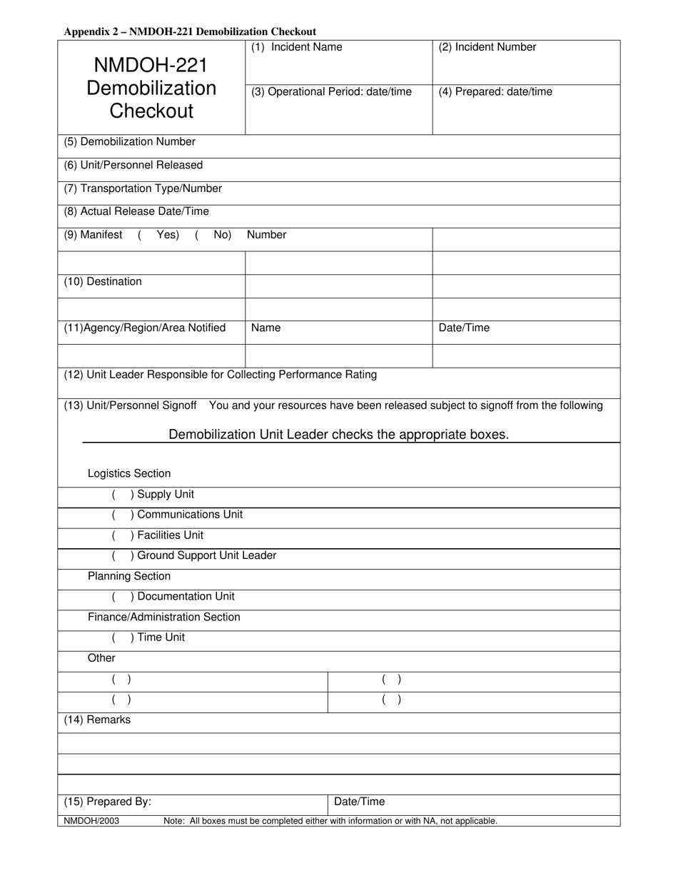 Form NMDOH-221 Appendix 2 Demobilization Checkout - New Mexico, Page 1