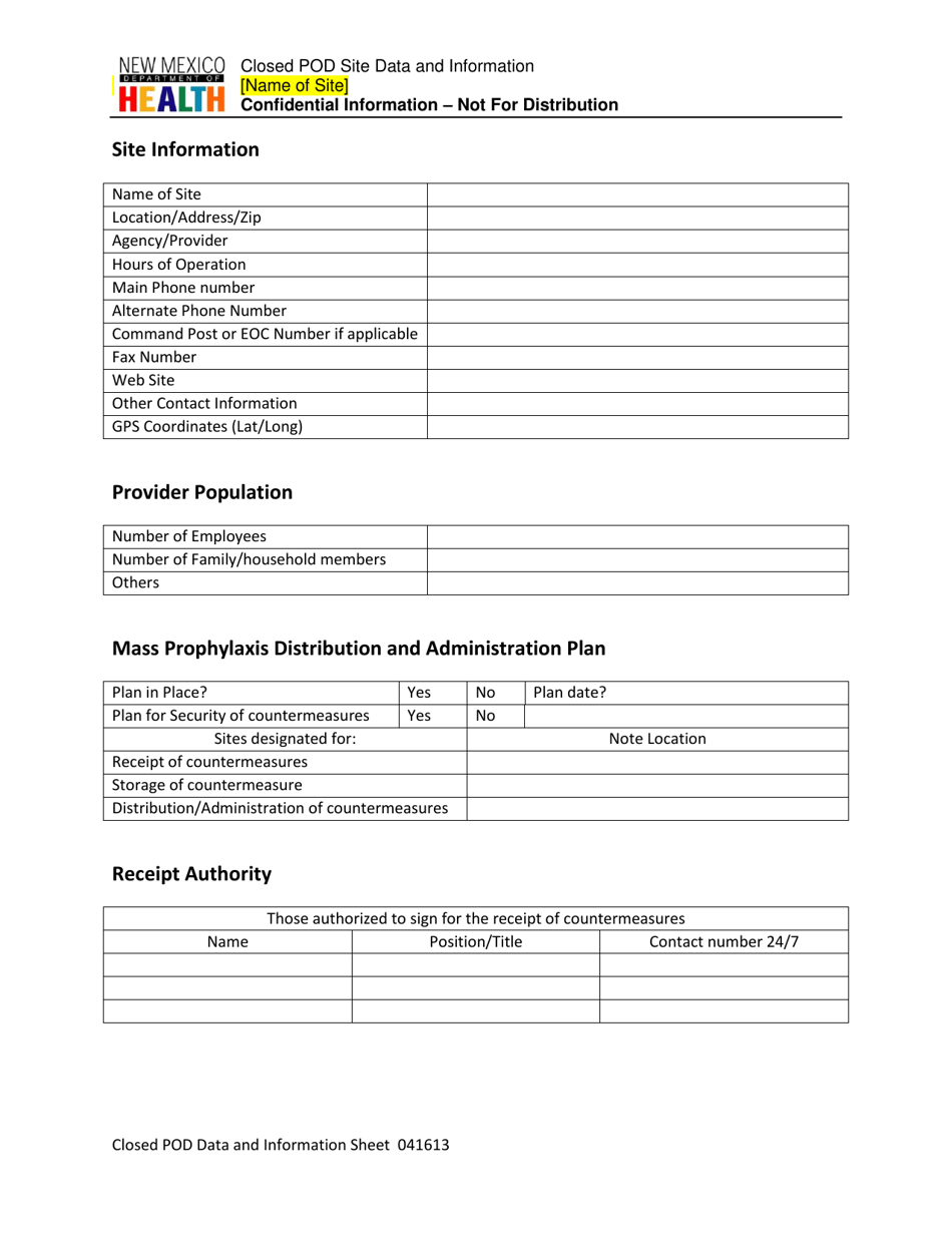 Closed Pod Data and Information Sheet - New Mexico, Page 1