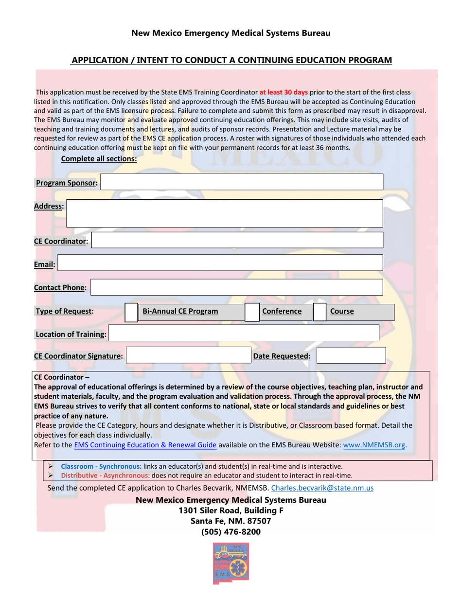 Application / Intent to Conduct a Continuing Education Program - New Mexico, Page 1