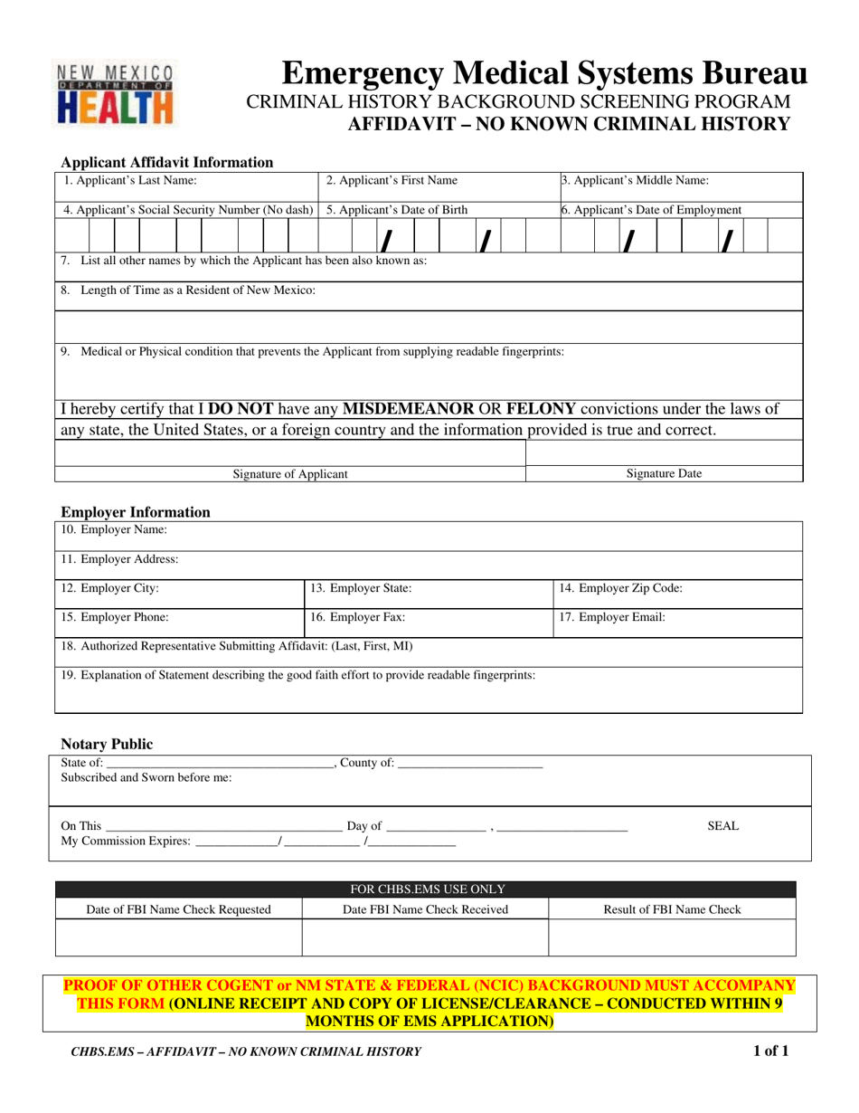 Affidavit - No Known Criminal History - New Mexico, Page 1