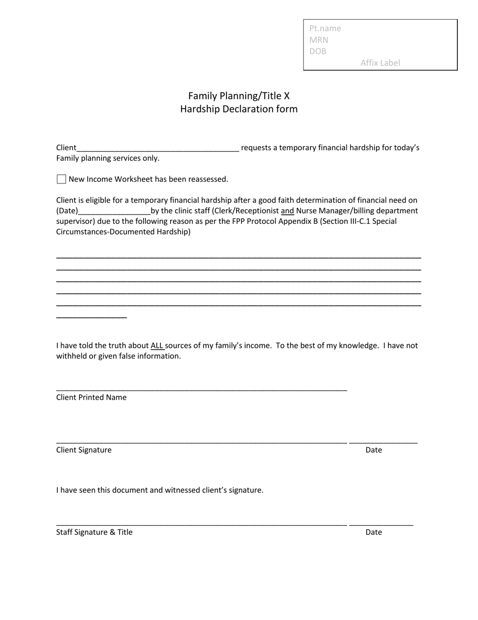 Hardship Declaration Form - Family Planning / Title X - New Mexico, Page 1