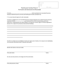 Document preview: Formulario De Declaracion De Necesidad - Planificacion Familiar/Titulo X - New Mexico (Spanish)