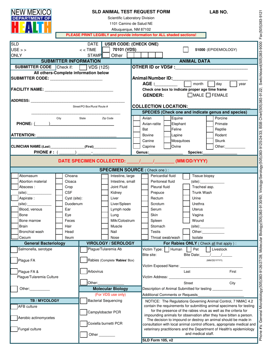SLD Form 105 Sld Animal Test Request Form - New Mexico, Page 1