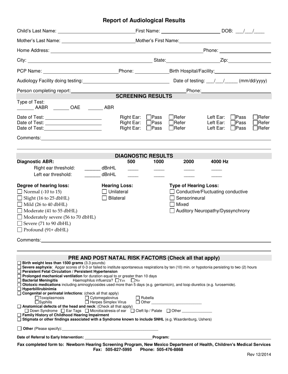 Report of Audiological Results - New Mexico, Page 1