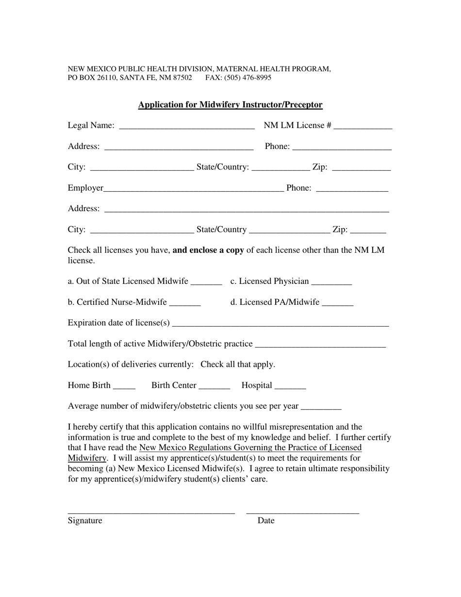Application for Midwifery Instructor / Preceptor - New Mexico, Page 1