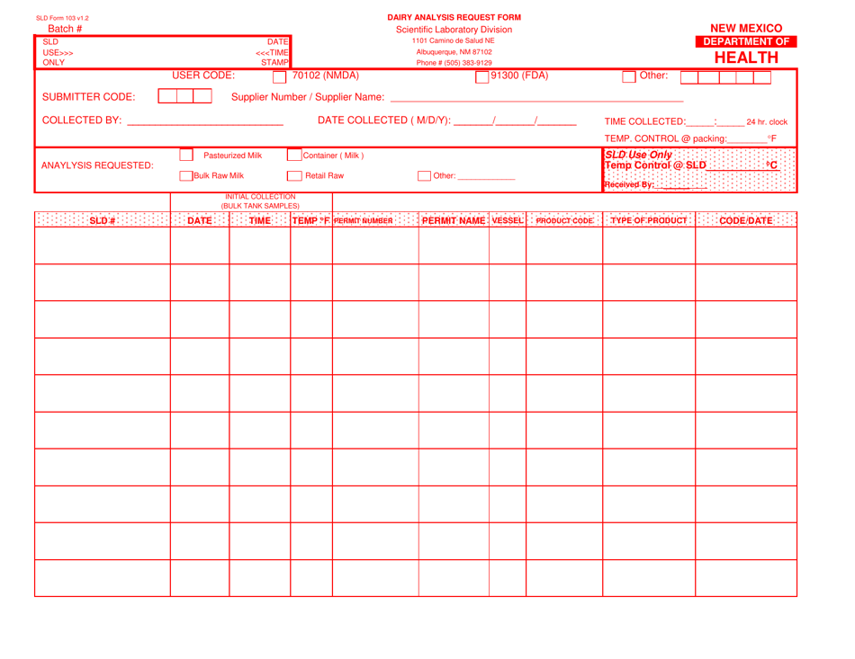SLD Form 103 Dairy Analysis Request Form - New Mexico, Page 1