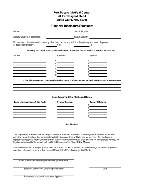 Fort Bayard Financial Disclosure Form - New Mexico Download Pdf