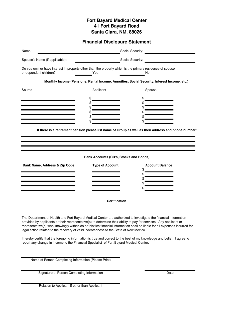 Fort Bayard Financial Disclosure Form - New Mexico, Page 1