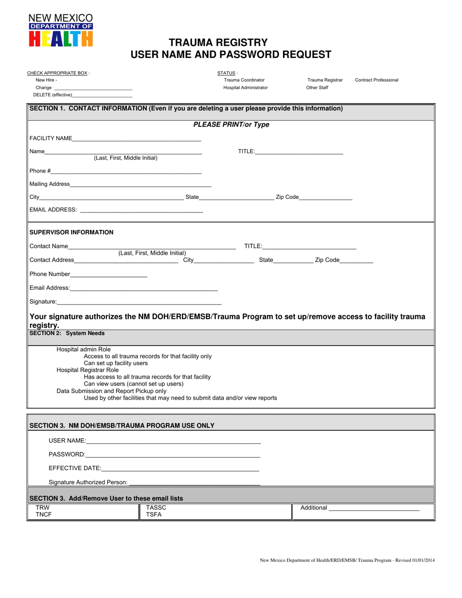 Trauma Registry User Name and Password Request - New Mexico, Page 1