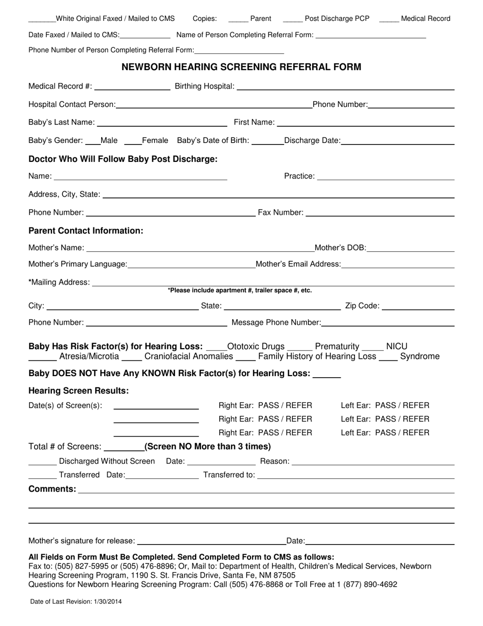 Newborn Hearing Screening Referral Form - New Mexico, Page 1