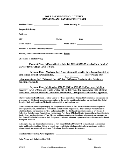 Fort Bayard Financial and Payment Contract - New Mexico Download Pdf