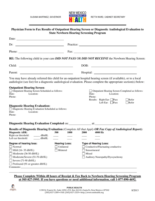 Physician Form to Fax Results of Outpatient Hearing Screen or Diagnostic Audiological Evaluation to State Newborn Hearing Screening Program - New Mexico Download Pdf