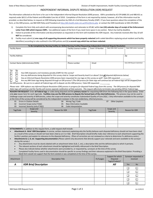 Independent Informal Dispute Resolution (Iidr) Request - New Mexico Download Pdf