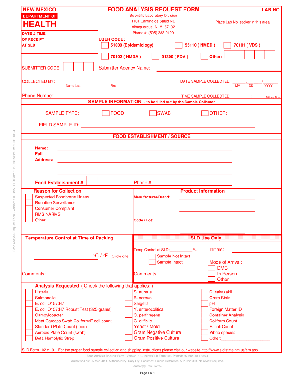 SLD Form 102 Food Analysis Request Form - New Mexico, Page 1