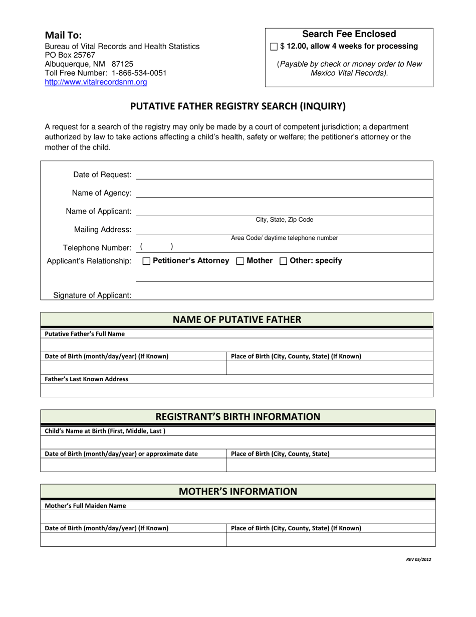 Putative Father Registry Search (Inquiry) - New Mexico, Page 1