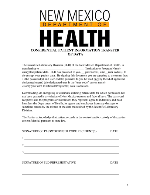 Confidential Patient Information Transfer of Data - New Mexico