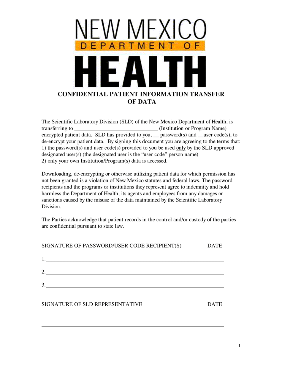 Confidential Patient Information Transfer of Data - New Mexico, Page 1