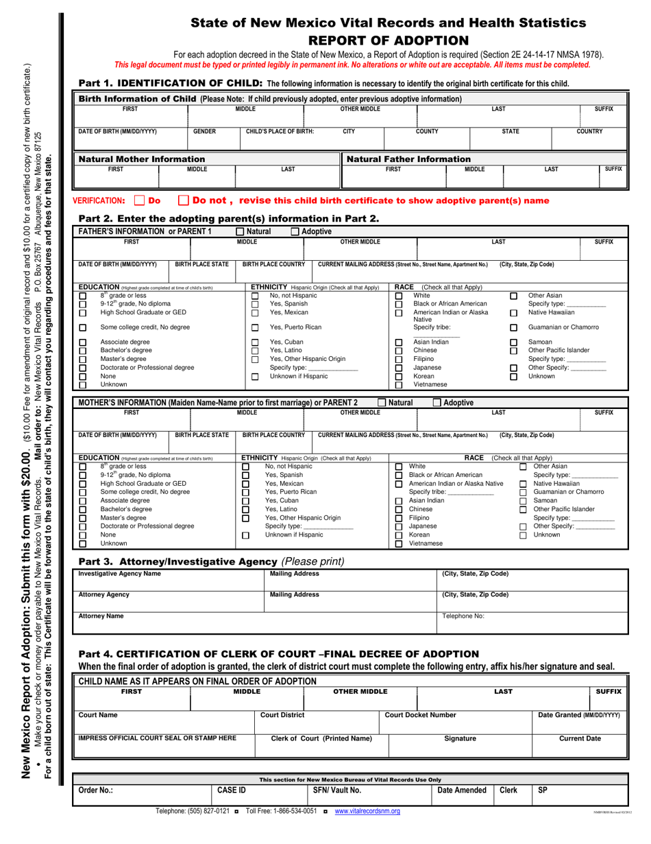 New Mexico Report of Adoption Fill Out, Sign Online and Download PDF
