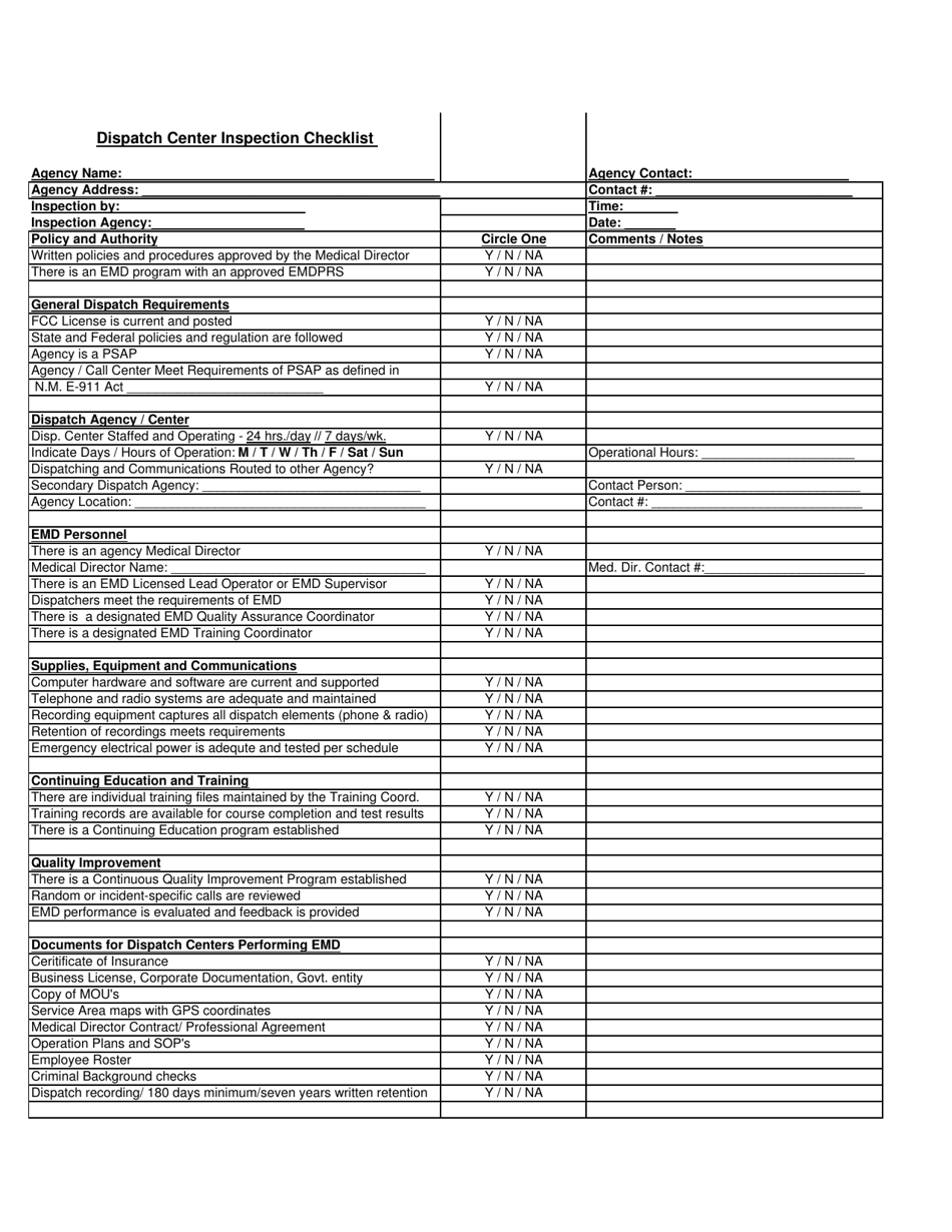 EMS Agency Certification Emergency Medical Dispatch Center Inspection Checklist - New Mexico, Page 1