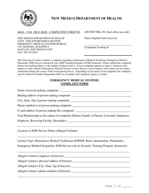 Emergency Medical Systems Complaint Form - New Mexico Download Pdf