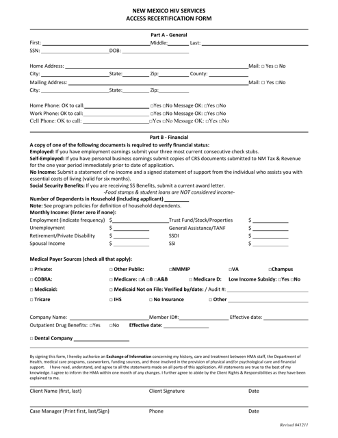 HIV / AIDS Access Recertification Form - New Mexico Download Pdf