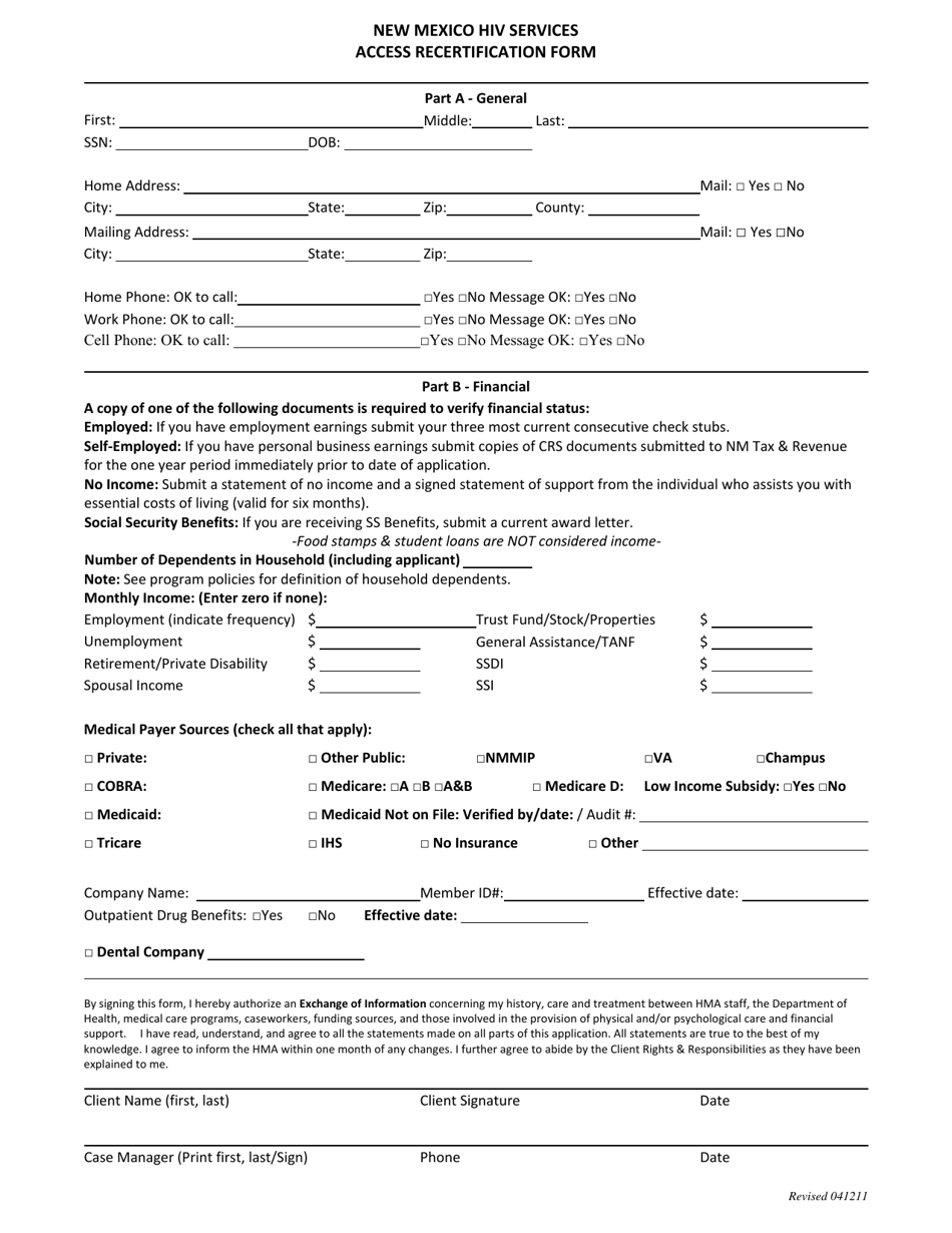 HIV / AIDS Access Recertification Form - New Mexico, Page 1