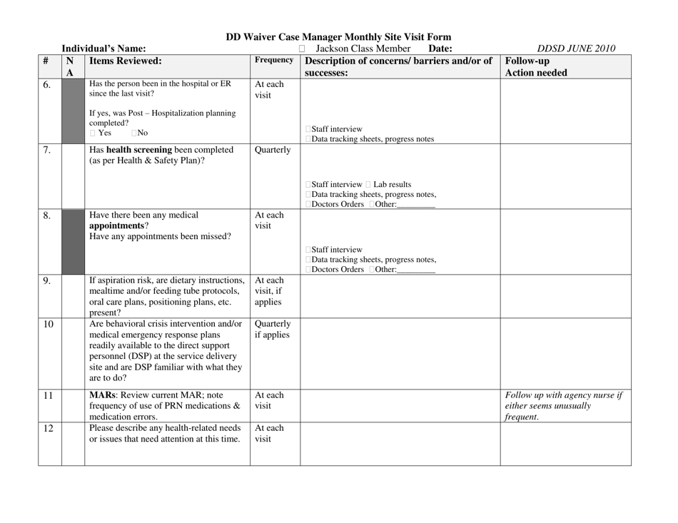 Ddw Case Management: Monthly Site Visits for Children Form - New Mexico, Page 2