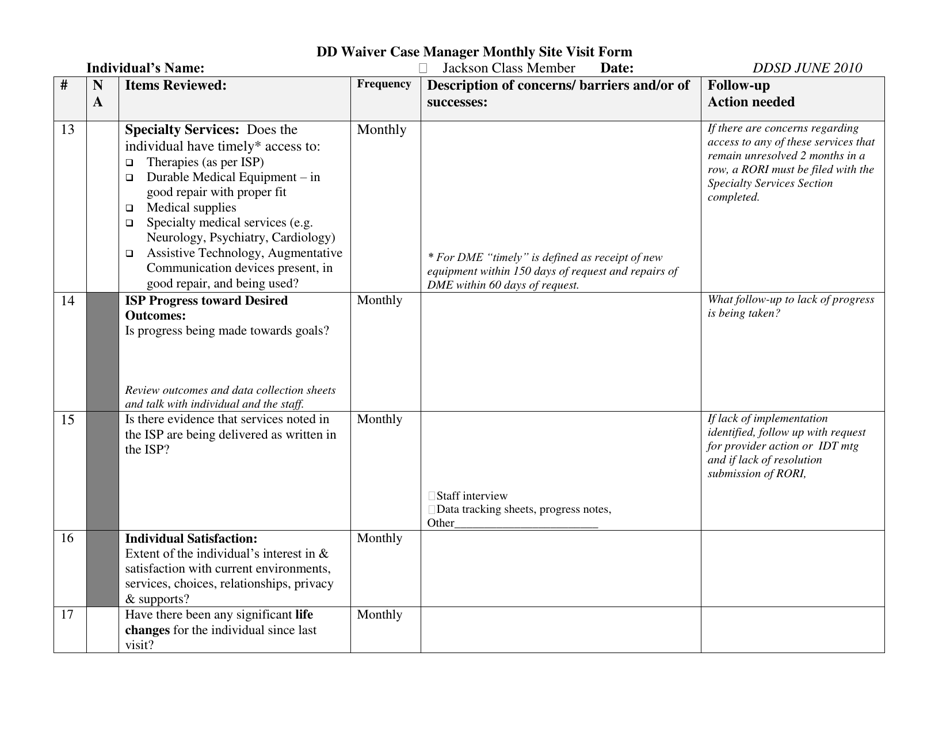 Ddw Case Management: Monthly Site Visits for Children Form - New Mexico, Page 3