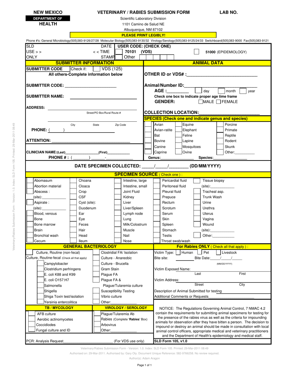 SLD Form 105 Veterinary / Rabies Submission Form - New Mexico, Page 1