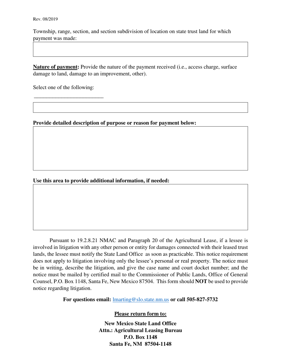 Agricultural Lessee Damage / Access Payment Reporting Form - New Mexico, Page 2