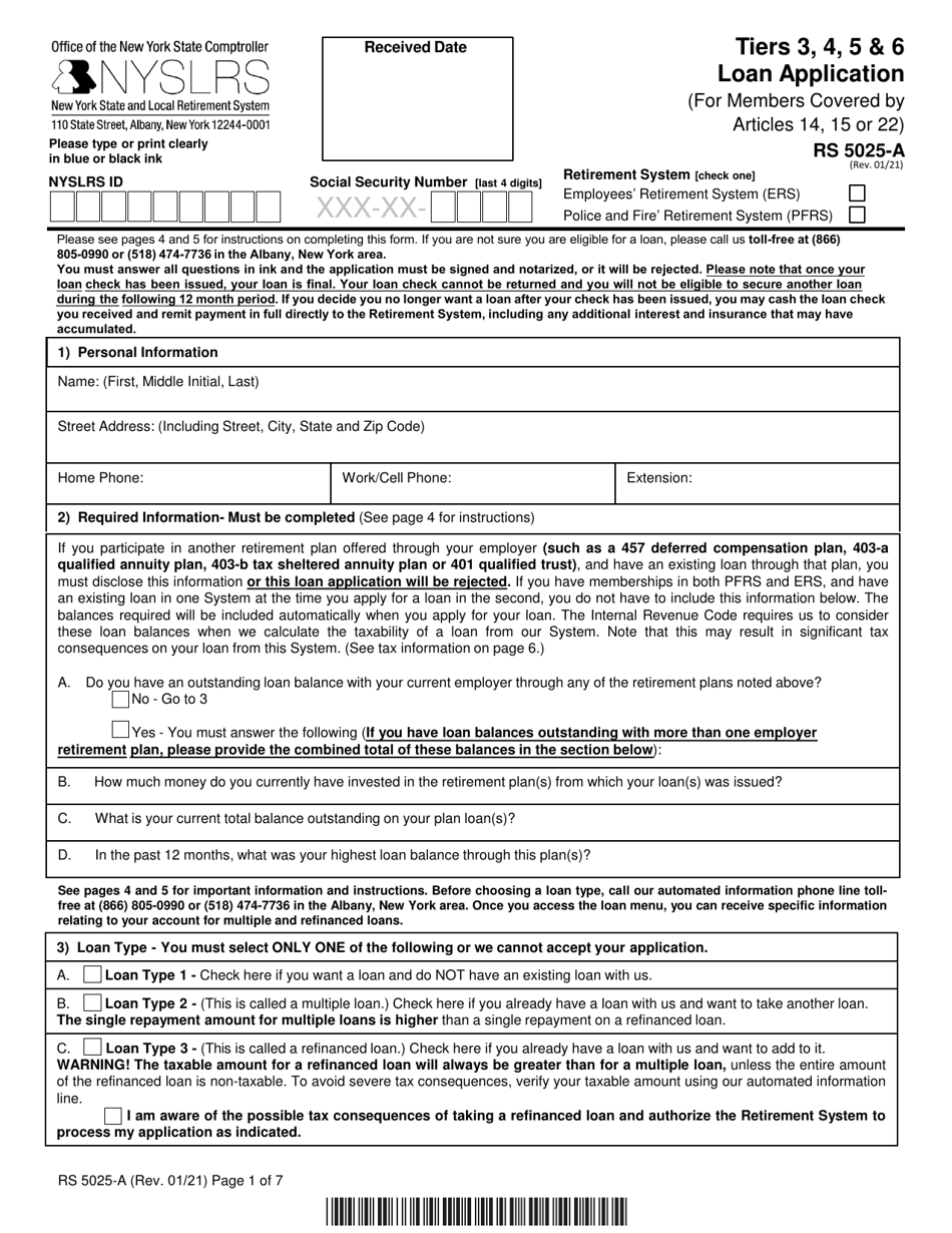 Form RS5025-A Tiers 3, 4, 5  6 Loan Application - New York, Page 1