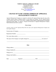 Document preview: Change of Name and/or Address of Appraisal Management Company - North Carolina