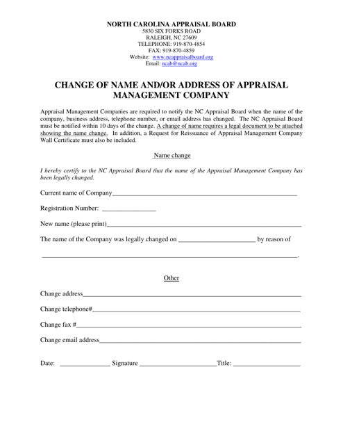 Change of Name and / or Address of Appraisal Management Company - North Carolina Download Pdf