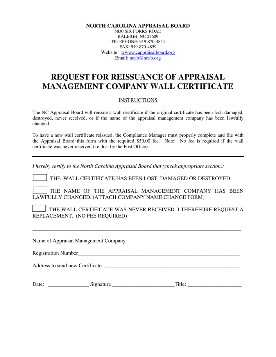 Request for Reissuance of Appraisal Management Company Wall Certificate - North Carolina, Page 1
