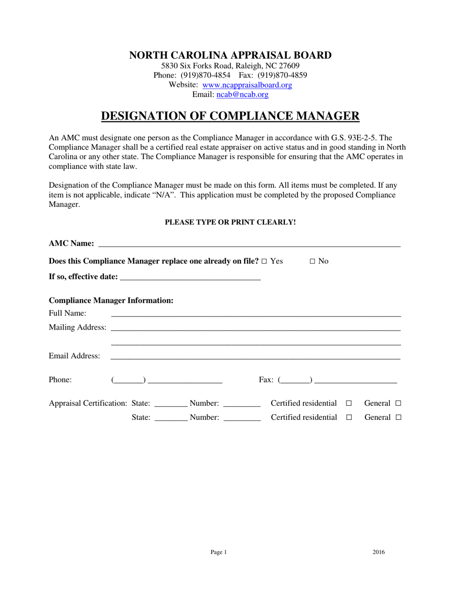 Designation of Compliance Manager - North Carolina, Page 1