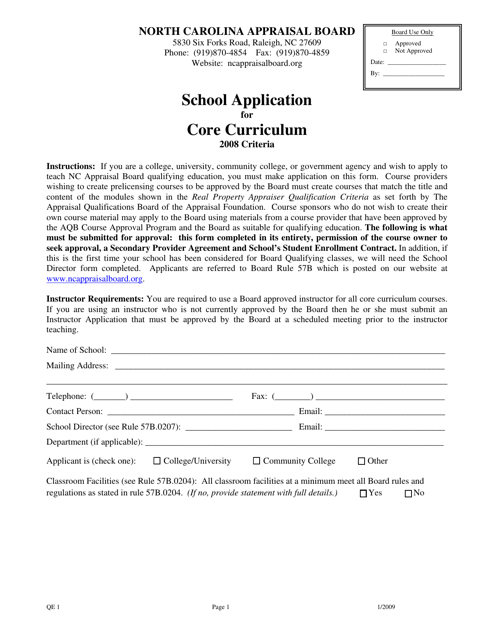 Form QE1 School Application for Core Curriculum - North Carolina