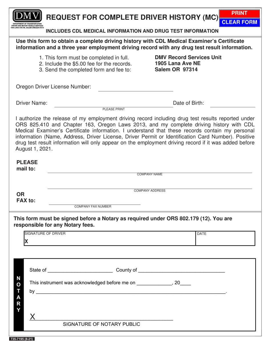 Form 735-7195 Request for Complete Driver History (Mc) - Oregon, Page 1