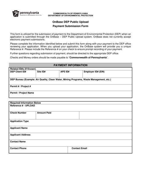 Onbase DEP Public Upload Payment Submission Form - Pennsylvania Download Pdf