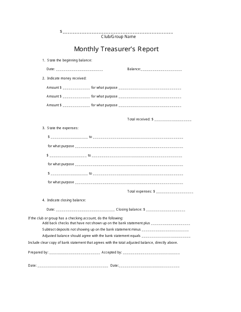 Club / Group Monthly Treasurer's Report Form Download Pdf
