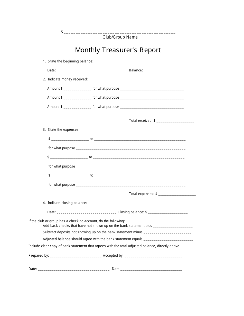 Club/Group Monthly Treasurer