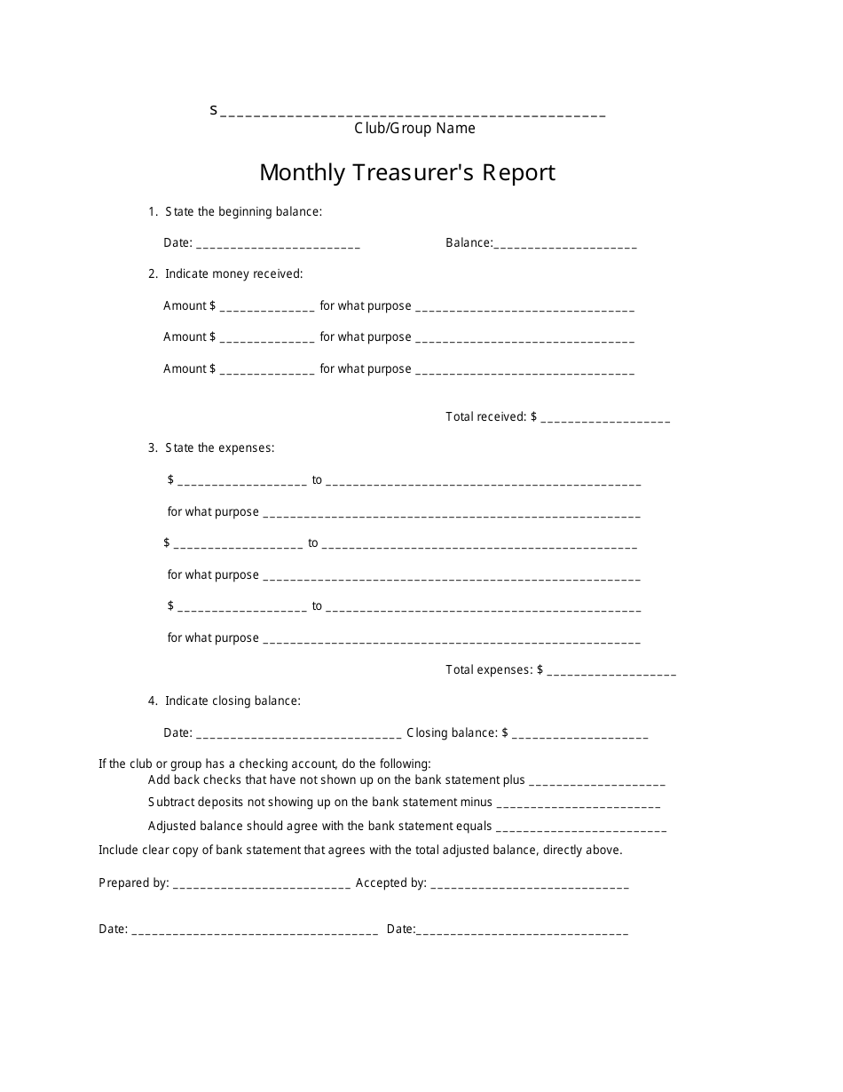 Club / Group Monthly Treasurers Report Form, Page 1