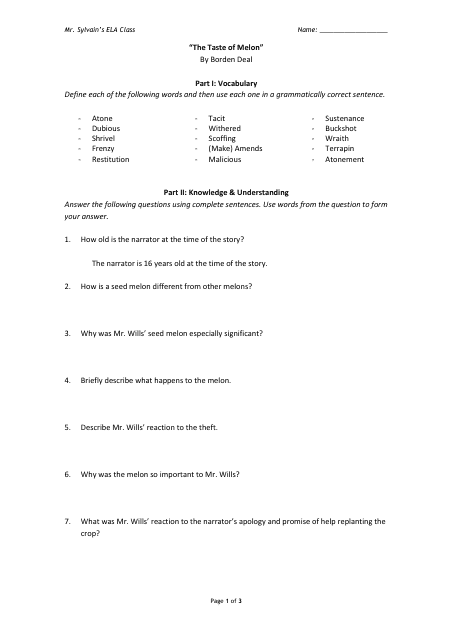 The Taste of Melon reading comprehension worksheet for 11th graders