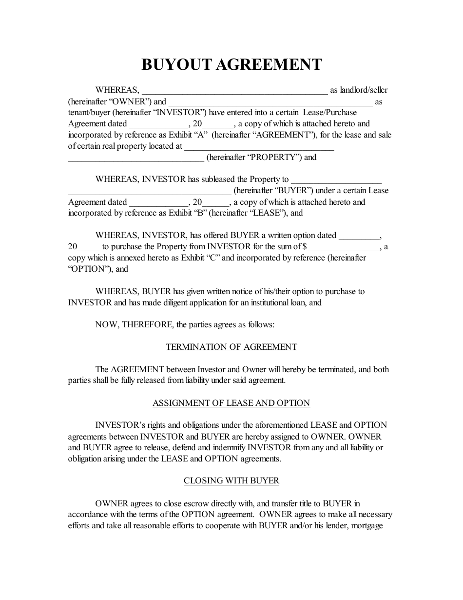 Buyout Agreement Template Download Printable PDF  Templateroller For buyout agreement template