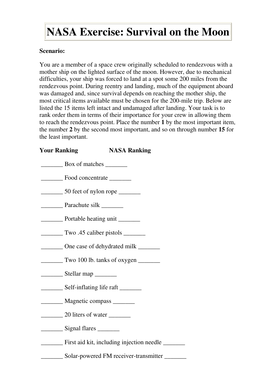Survival on the Moon Worksheet With Answers, Page 1