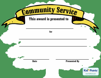 Document preview: Community Service Award Certificate Template - Kidpointz