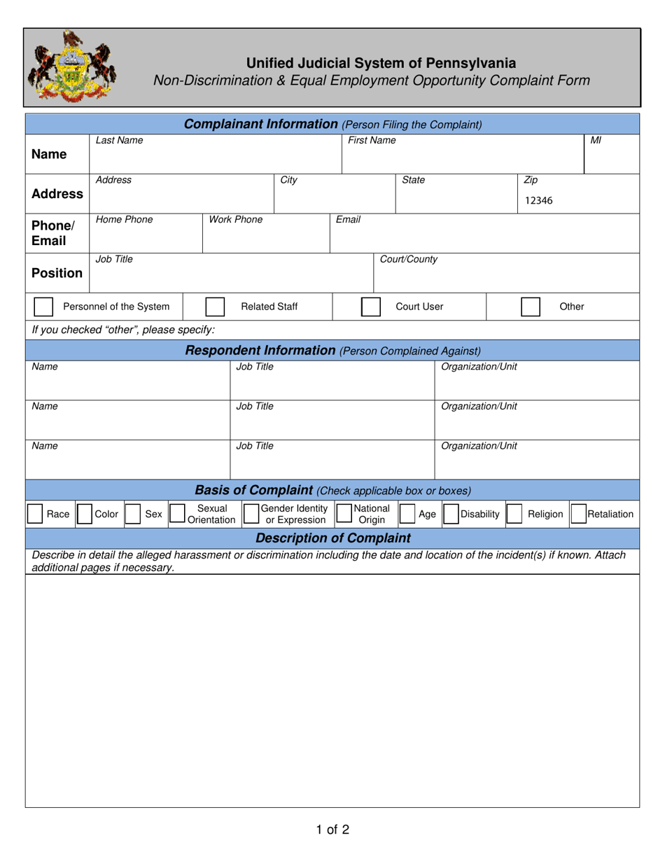 Non-discrimination  Equal Employment Opportunity Complaint Form - Pennsylvania, Page 1