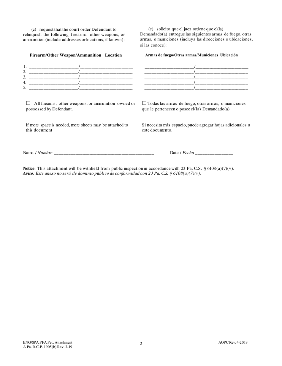 Attachment A Petition for Protection From Abuse - Firearms, Other Weapons, or Ammunition Inventory - Pennsylvania (English / Spanish), Page 2