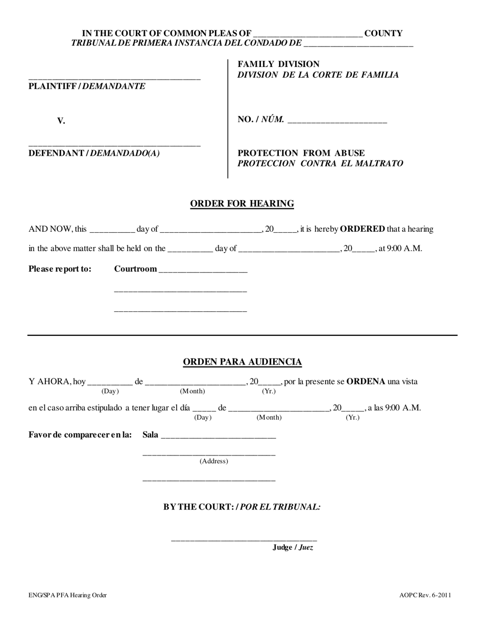 Order for Hearing - Pennsylvania (English / Spanish), Page 1